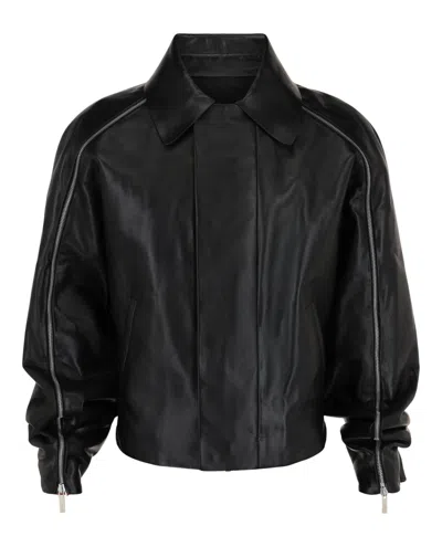 Ferragamo Contrasting Panels Zip Up Leather Jacket In Black