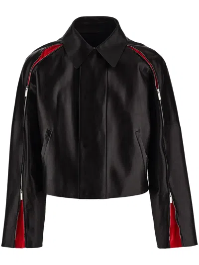 Ferragamo Contrasting-panels Zip-up Leather Jacket In Black