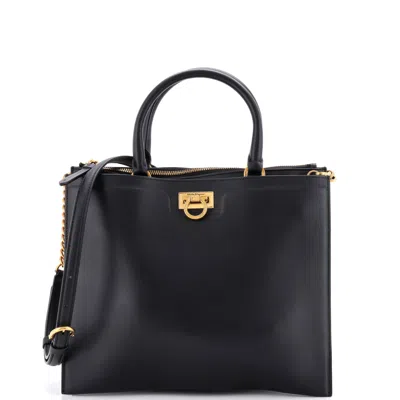 Ferragamo Convertible Trifolio Chain Zip Tote Leather Large In Black