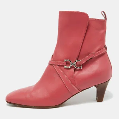 Pre-owned Ferragamo Coral Pink Leather Gancini Ankle Length Boots Size 39