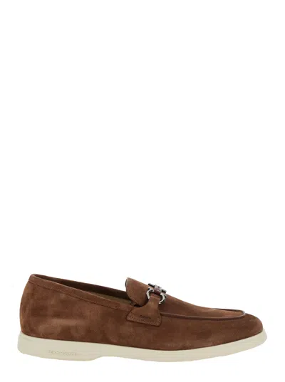 FERRAGAMO FERRAGAMO 'COSIMO' BROWN LOAFERS WITH METALLIC HOOKS ON THE FRONT IN SUEDE MAN