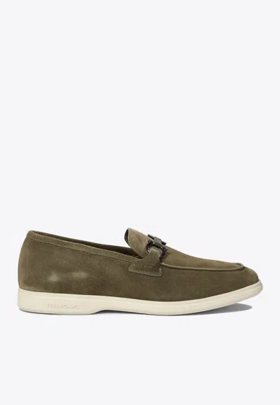 Ferragamo Cosimo Gancini Suede Loafers In Green