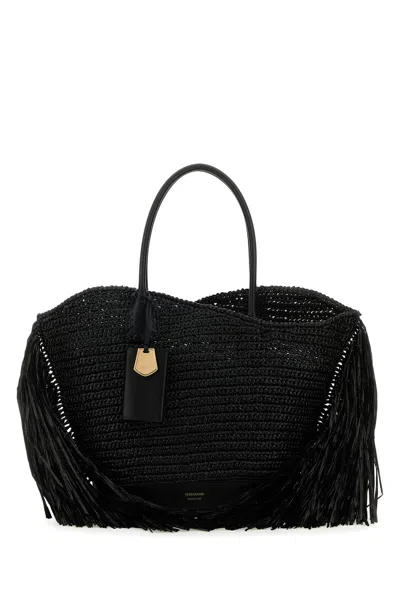 FERRAGAMO SALVATORE FERRAGAMO BLACK RAFFIA AND LEATHER BIG SHOPPING BAG