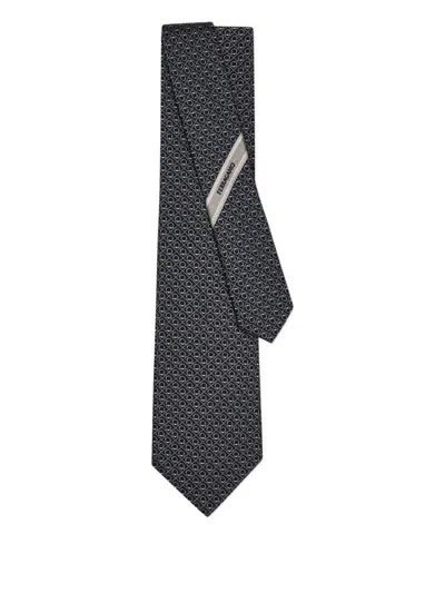 Ferragamo Biella Silk Jacquard Tie With Gancini Pattern In Blue