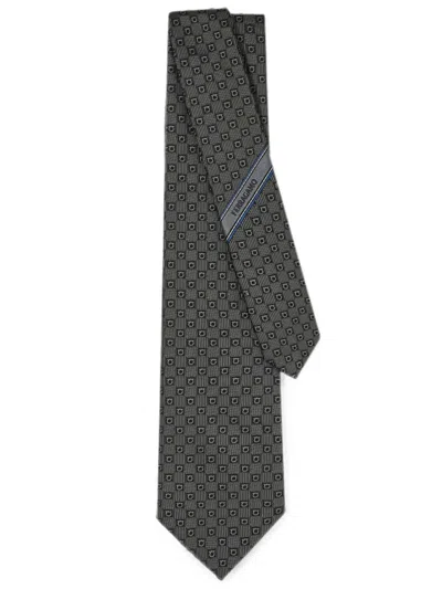 Ferragamo Jacquard Silk Tie With Gancini Pattern In Gray