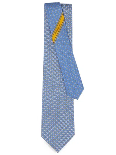 Ferragamo Gancini Square Print Silk Tie In Blue