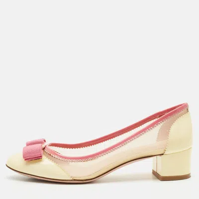 Pre-owned Ferragamo Cream Mesh And Patent Leather Elinda Block Heel Pumps Size 37
