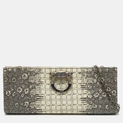 Pre-owned Ferragamo Cream/beige Lizard Gancini Chain Clutch