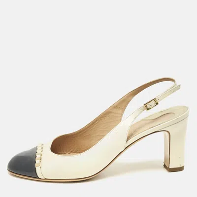 Pre-owned Ferragamo Cream/navy Blue Leather Slingback Block Heel Pumps Size 40