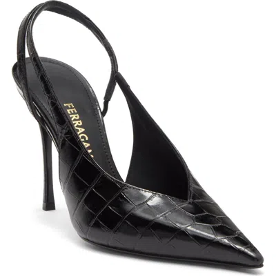 Ferragamo Cressy Pointed Toe Slingback Pump In Nero Vern Seta Paint