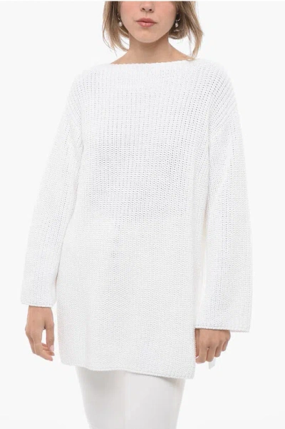 Ferragamo Crew Neck Pure Cotton Sweater With Side Splits In White