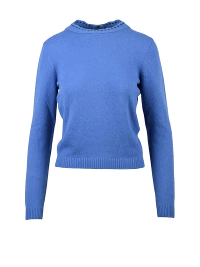 Ferragamo Crew Neck Sweater With Ribbed Cuffs And Subtle Neckline Detail In Blue