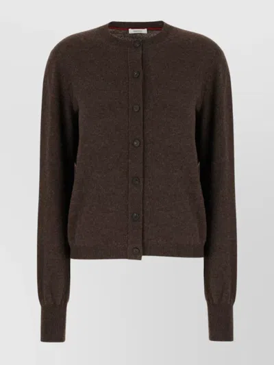 Ferragamo Crew Neck Wool Blend Cardigan In Brown