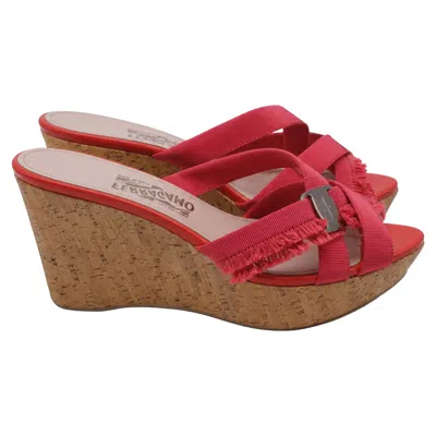 Ferragamo Criss-cross Ribbon Wedge Sandals In Red Polyester In Multi