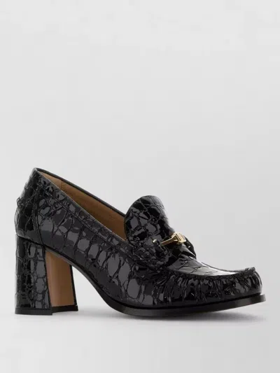 Ferragamo Croc-embossed Block Heel Round Toe Pumps In Black