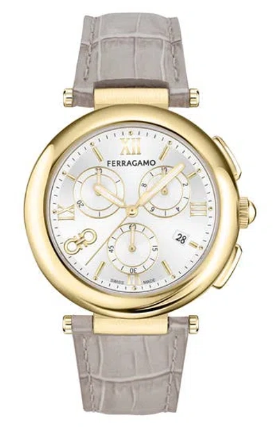 Ferragamo Croc-embossed Leather Strap Chronograph Watch, 40mm In Ivory/gold