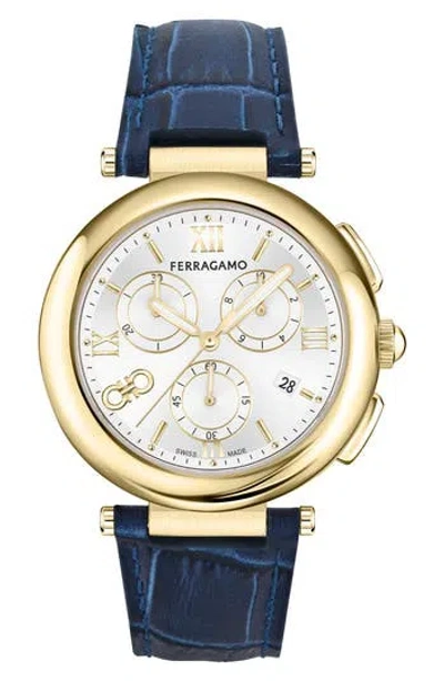 Ferragamo Croc-embossed Leather Strap Chronograph Watch, 40mm In Blue