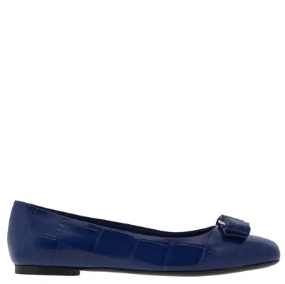 Ferragamo Croc Embossed Vara Bow Ballet Flats, Size 7 C In Blue