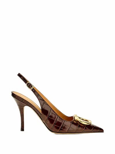 Ferragamo Croc-effect Slingback Pumps In Brown