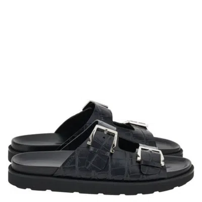Ferragamo Croc-embossed Double Strap Leather Sandals In Black