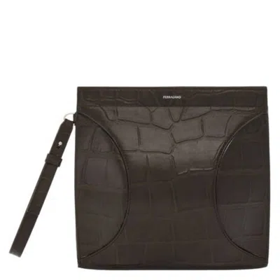 Ferragamo Croc-embossed Leather Zippered Pouch In Brown
