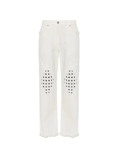 Ferragamo Crochet-insert Frayed Jeans In White