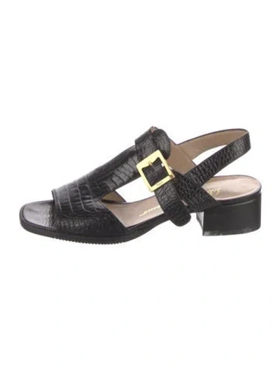 Pre-owned Ferragamo Crocodile Animal Print Slingback Sandals In Black