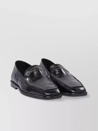 Ferragamo Crocodile Effect Square Toe Loafers In Black