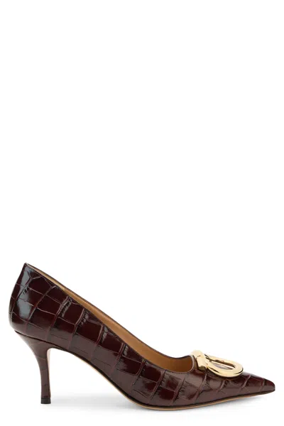 Ferragamo Croc-print Calfskin Leather High-heel Pumps With Front Detail In Brown