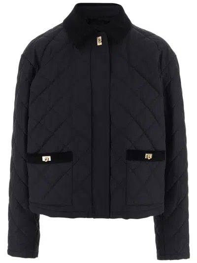 Ferragamo Cropped Quilted Coat With Velvet Trims And Gold-tone Hardware In Black