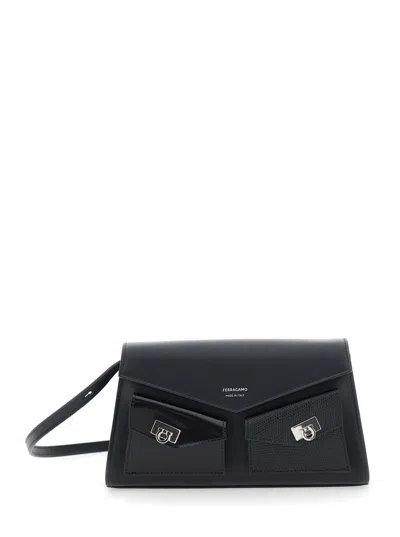 FERRAGAMO 'HUG MINI' BLACK CROSSBODY BAG WITH LOGO LETTERING ON THE FRONT IN LEATHER WOMAN