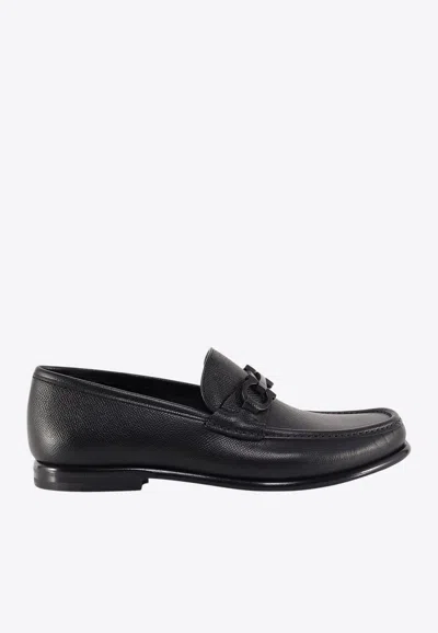 Ferragamo Crown Leather Loafer With Gancini Detail In Black