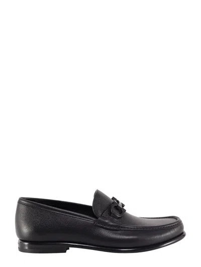 Ferragamo Crown Leather Loafer With Gancini Detail In Black