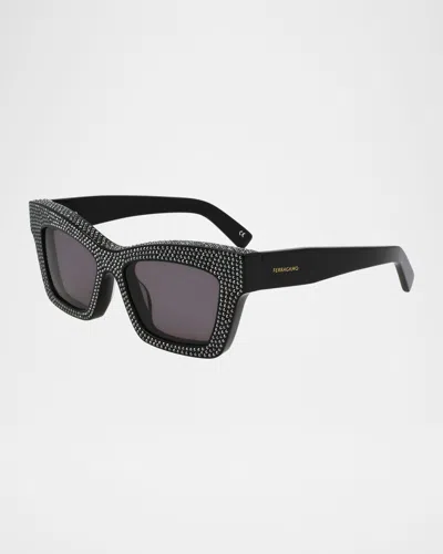 Ferragamo Crystal Embellished Acetate Cat-eye Sunglasses In Black