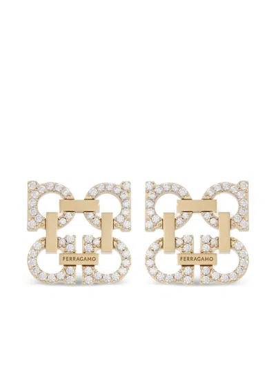 Ferragamo Crystal Embellished Four Gancini Clip On Earrings In Gold