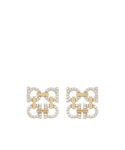 Ferragamo Crystal Embellished Four Gancini Clip On Earrings In Gold