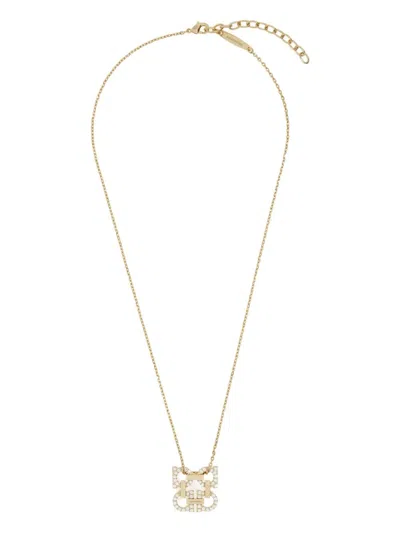 Ferragamo Crystal Embellished Four Gancini Pendant Necklace In Metallic