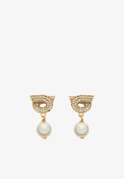 Ferragamo Crystal Embellished Gancini Pearl Drop Earrings In Gold