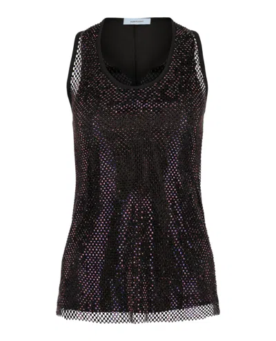 Ferragamo Crystal Embellished Silk-lined Mesh Tank Top In Black