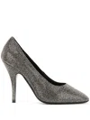 Ferragamo Silver Satin Crystal Embellished Pointed Toe Pumps In Gray