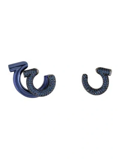 Pre-owned Ferragamo Crystal Gancini Asymmetrical Half Hoop Stud Earrings In Blue