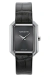 Ferragamo Crystal Leather Strap Watch, 27mm X 34mm In Stainless Steel Black