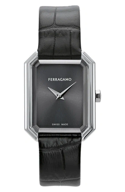 Ferragamo Crystal Leather Strap Watch, 27mm X 34mm In Black