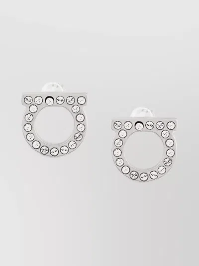 Ferragamo Crystal Stud Earrings Circle Metal Design In Gold