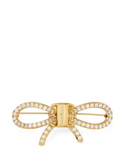 Ferragamo Crystal-embellished Bow Brooch In Gold