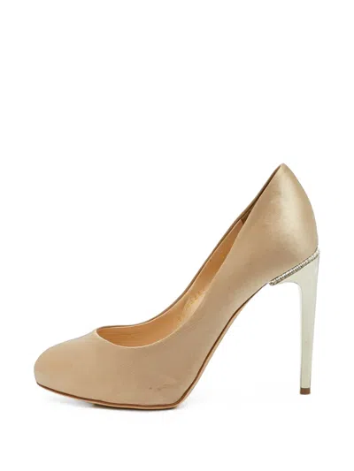 Pre-owned Ferragamo Crystal-embellished Platform Pumps In Neutrals
