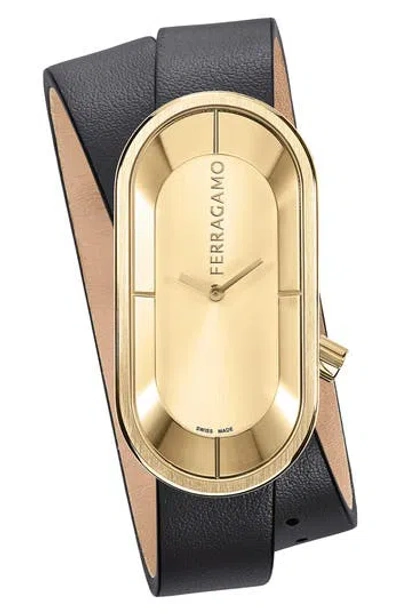 Ferragamo Curve Leather Strap Watch, 23mm X 46mm In Gold