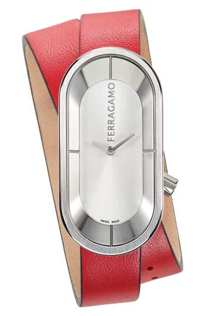 Ferragamo Curve Leather Strap Watch, 23mm X 46mm In Silver
