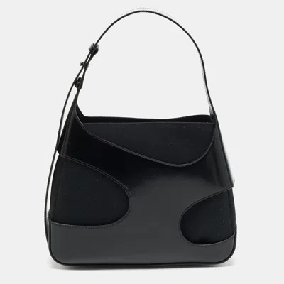 Pre-owned Ferragamo Cut Out Medium Black Canvas And Patent Leather Shoulder Bag