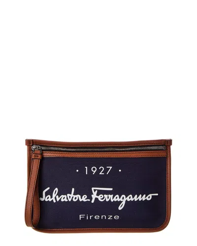 Ferragamo Cutout Denim & Leather Pouch In Brown